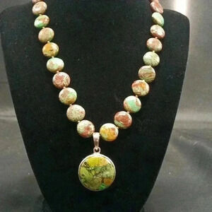 Stunning Green Brown Royston Turquoise Beads Sterling Silver